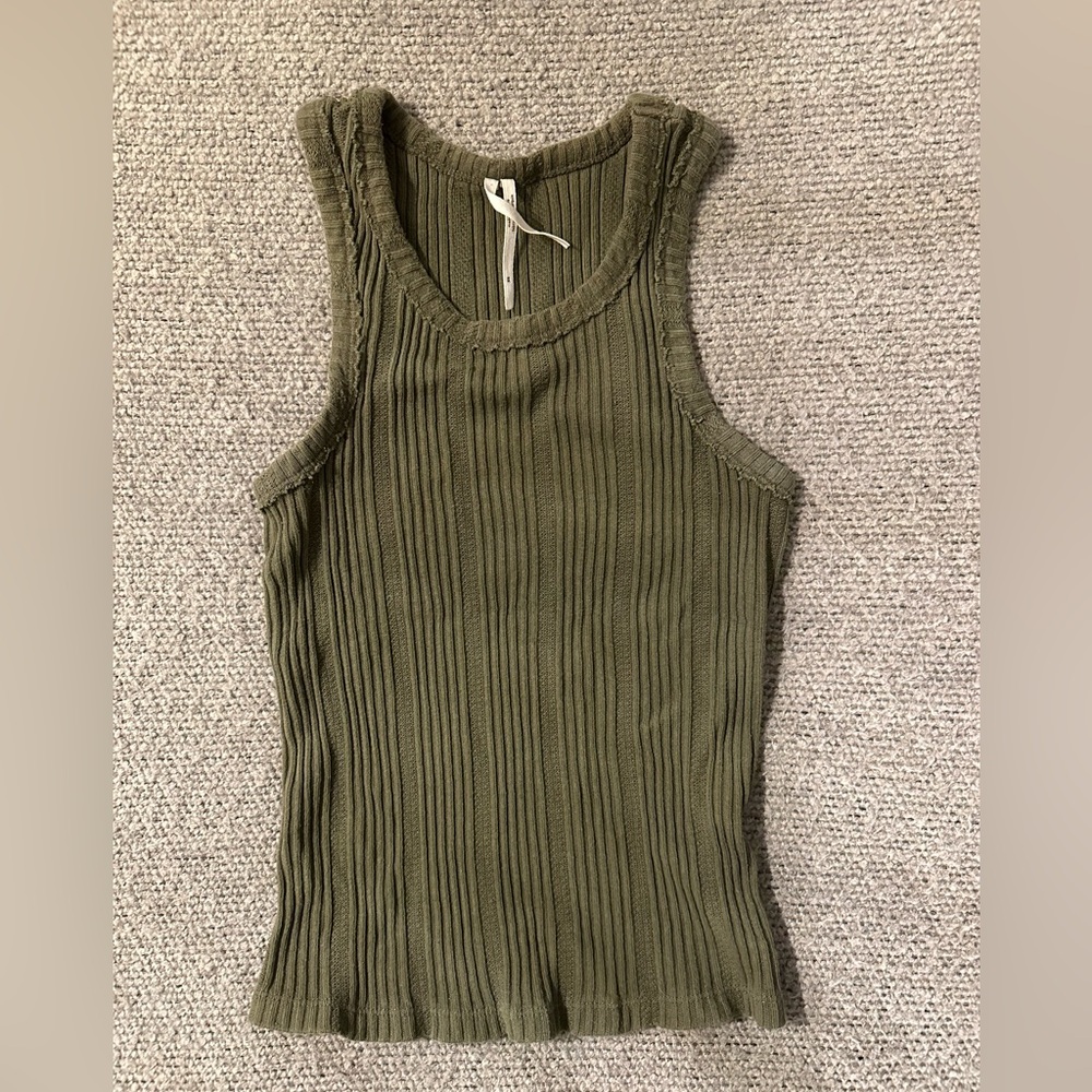 Anthropologie Tank Ribbed Cotton Pointelle Racerback Olive Green Closet Staple
